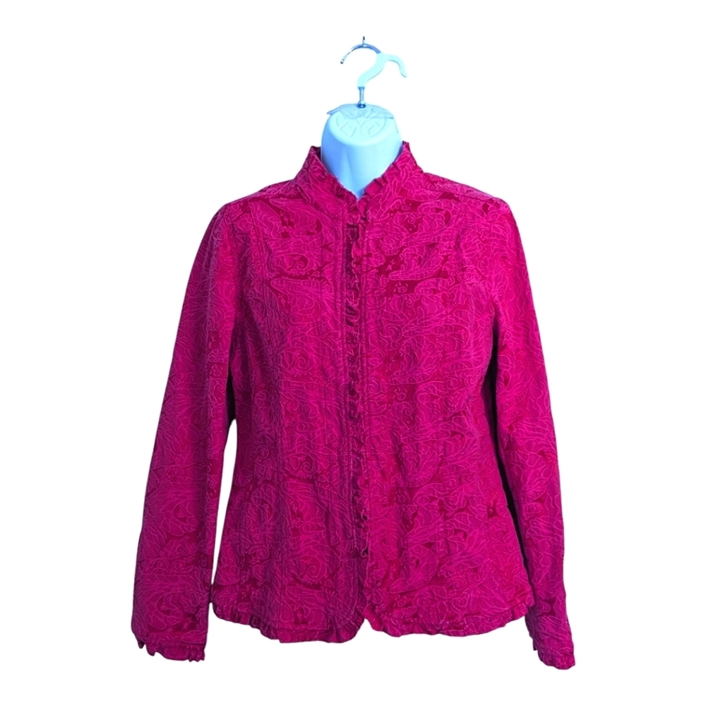 Additions By Chico's Hot Pink Jacquard Textured Jacket High Neck Hook Eye S/4